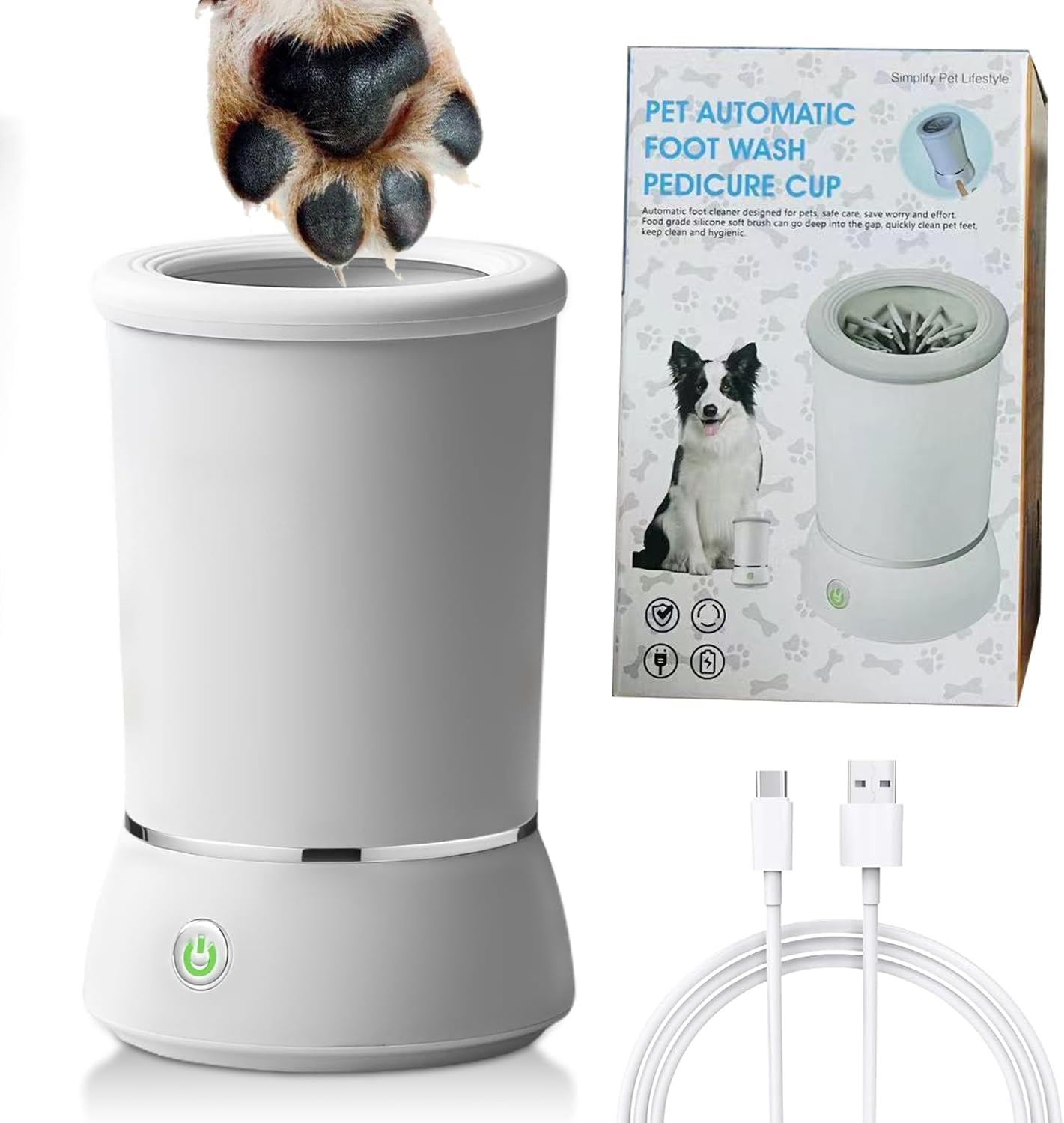 Electric Dog Paw Cleaner and Massager, Portable USB Rechargeable Paw Washing Cup, Automatic Foot Cleaning Machine for Small to Medium Dogs (White)